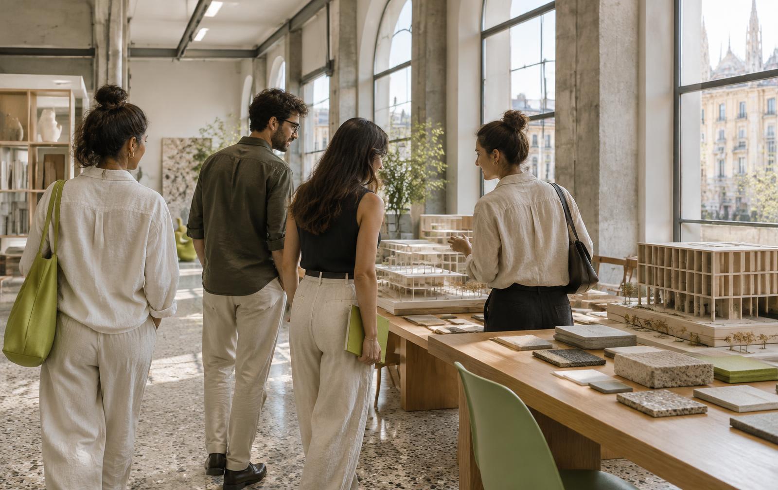 Arquitetos visitando um estúdio de design em Milão, observando maquetes e amostras de materiais
